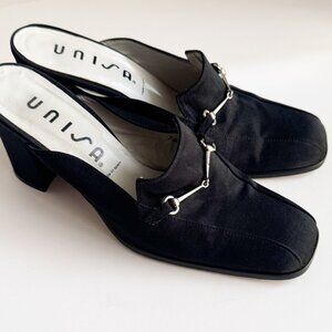 Vintage Unisa Black Satin Horsebit Detail Block Heel Slides 7.5B